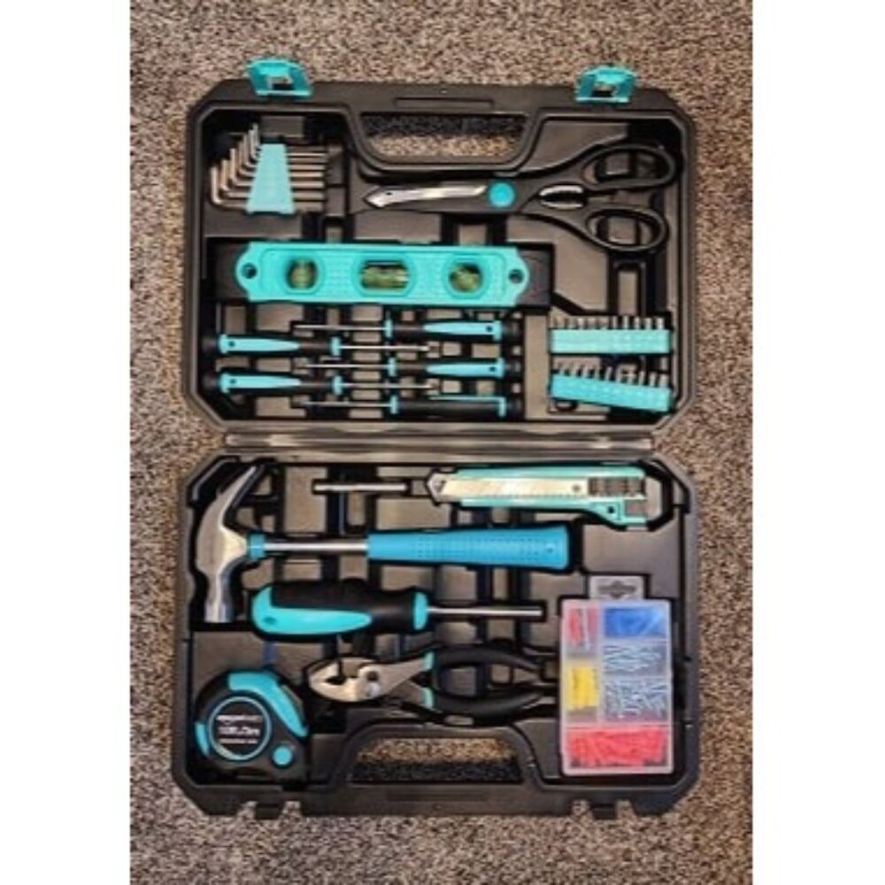 New Household Tool Kit, Storage Case, 142 Piece, Turquoise, 13.39 x 9.25 x 2.95